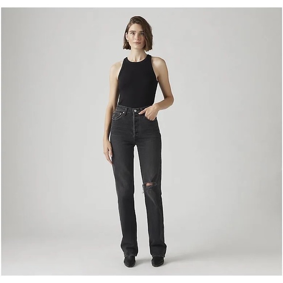 Levi's Denim - Levi's Ribcage Straight Joli Thorax Droit Button Fly Dark Black Wash Jeans NWT